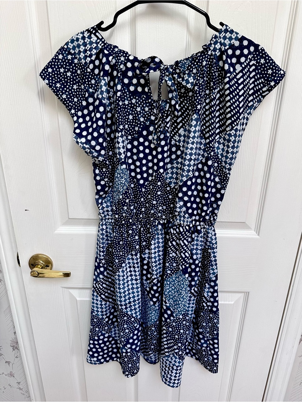 LC Lauren Conrad Navy and White Patchwork-Print Midi Dress